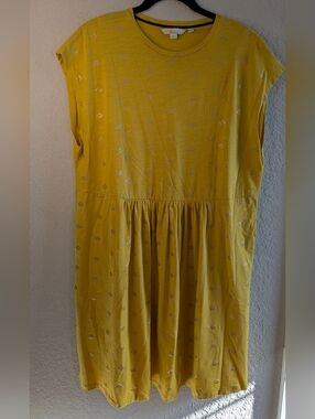 Boden Jersey Shift Dress Size 12 Yellow Metallic Print 100% Cotton Pockets Fairy